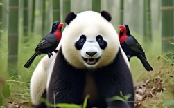 俩喜鹊从熊猫屁股上薅毛做窝