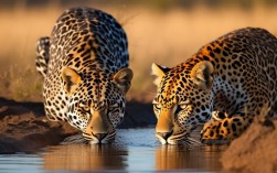 两只不同颜色豹子同时饮水