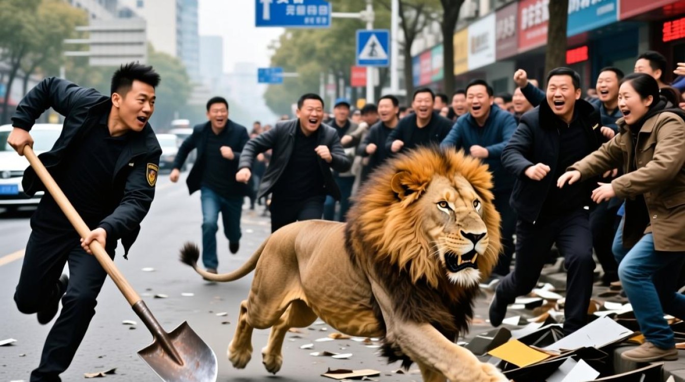 安徽街头惊现狮子狂奔，民众铁锹追捕引发热议-图1