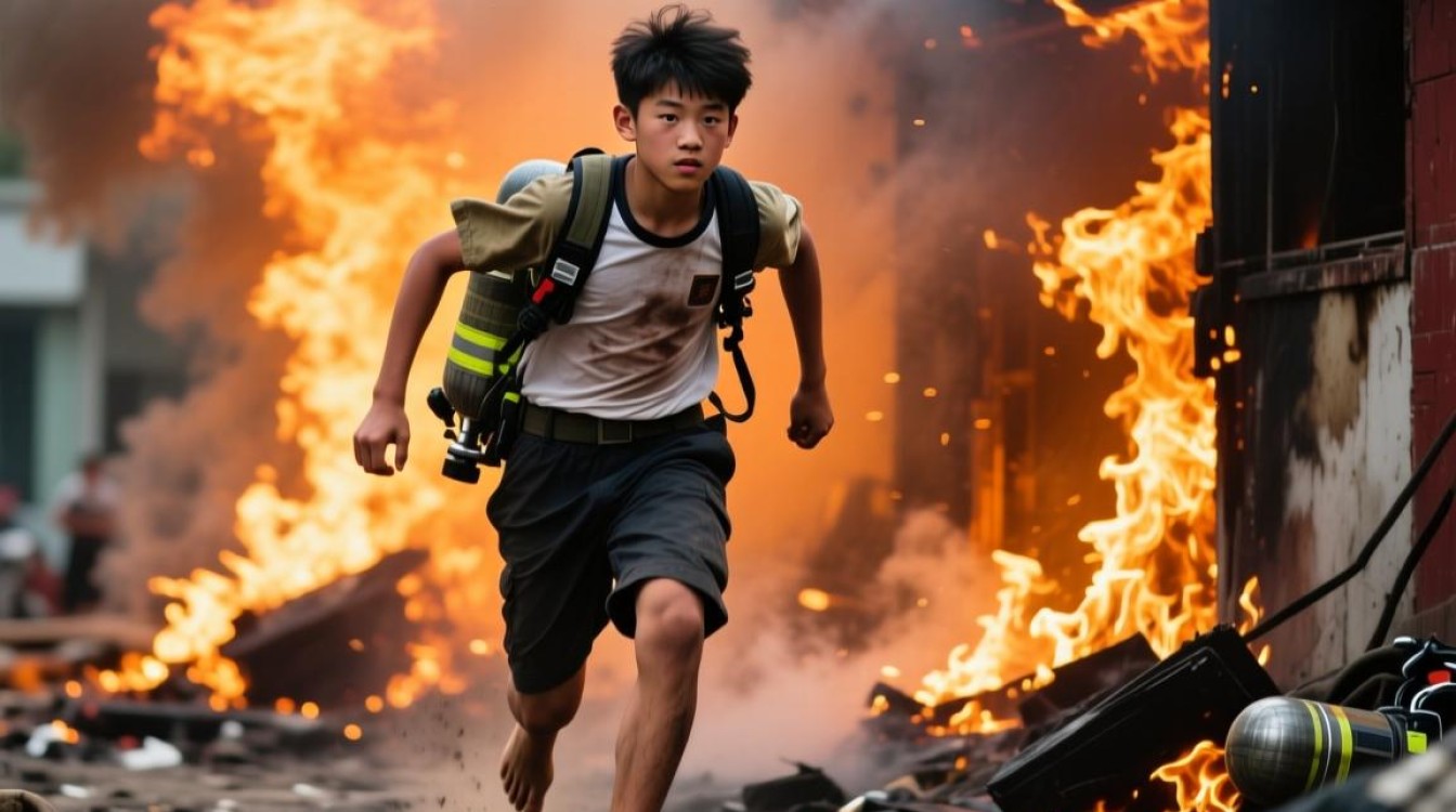 英勇少年赤脚冲火场，勇救火场被困者-图1